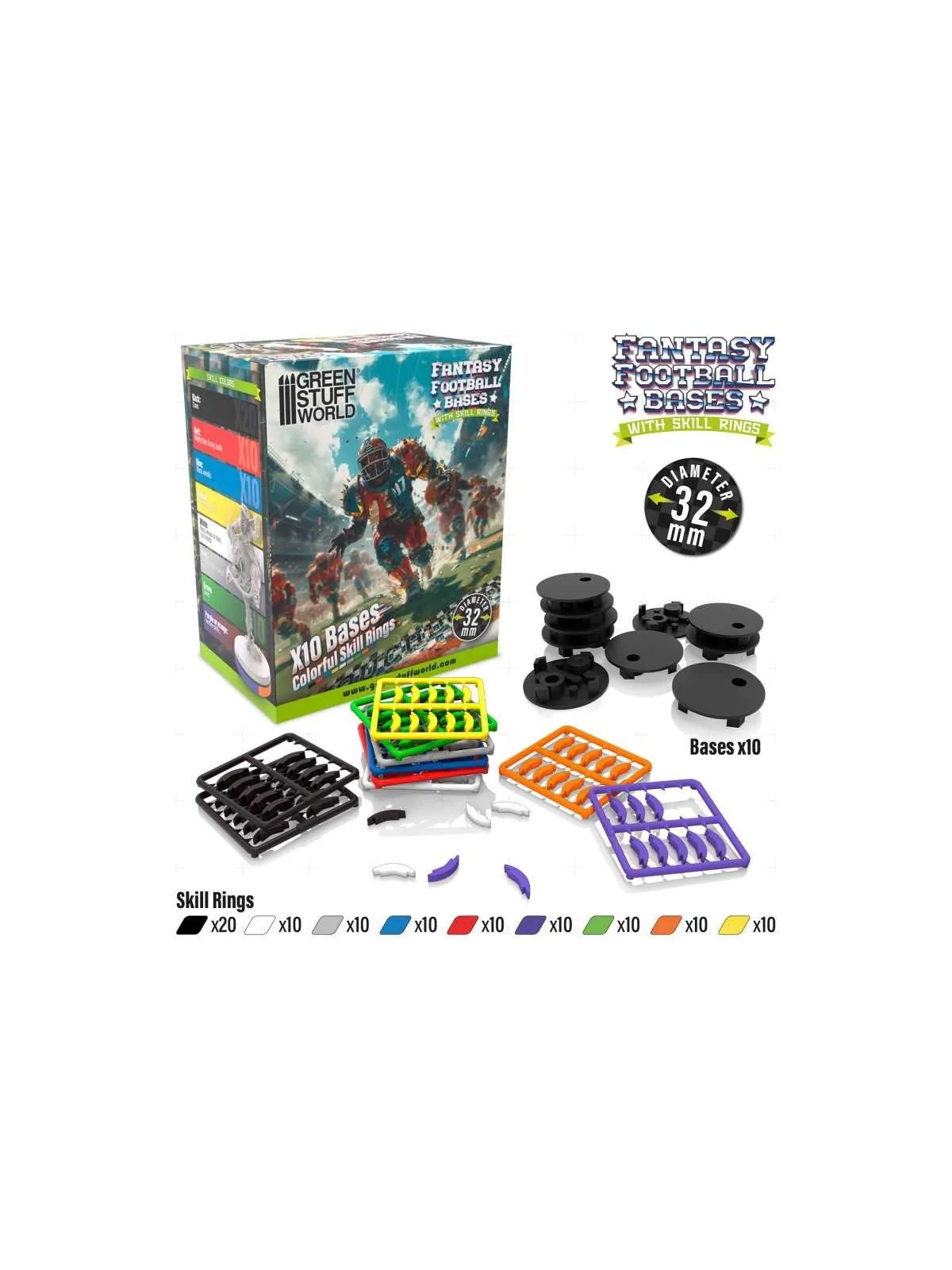 Compra Peanas Compatibles Blood Bowl 32mm con Skill Rings de Green Stu