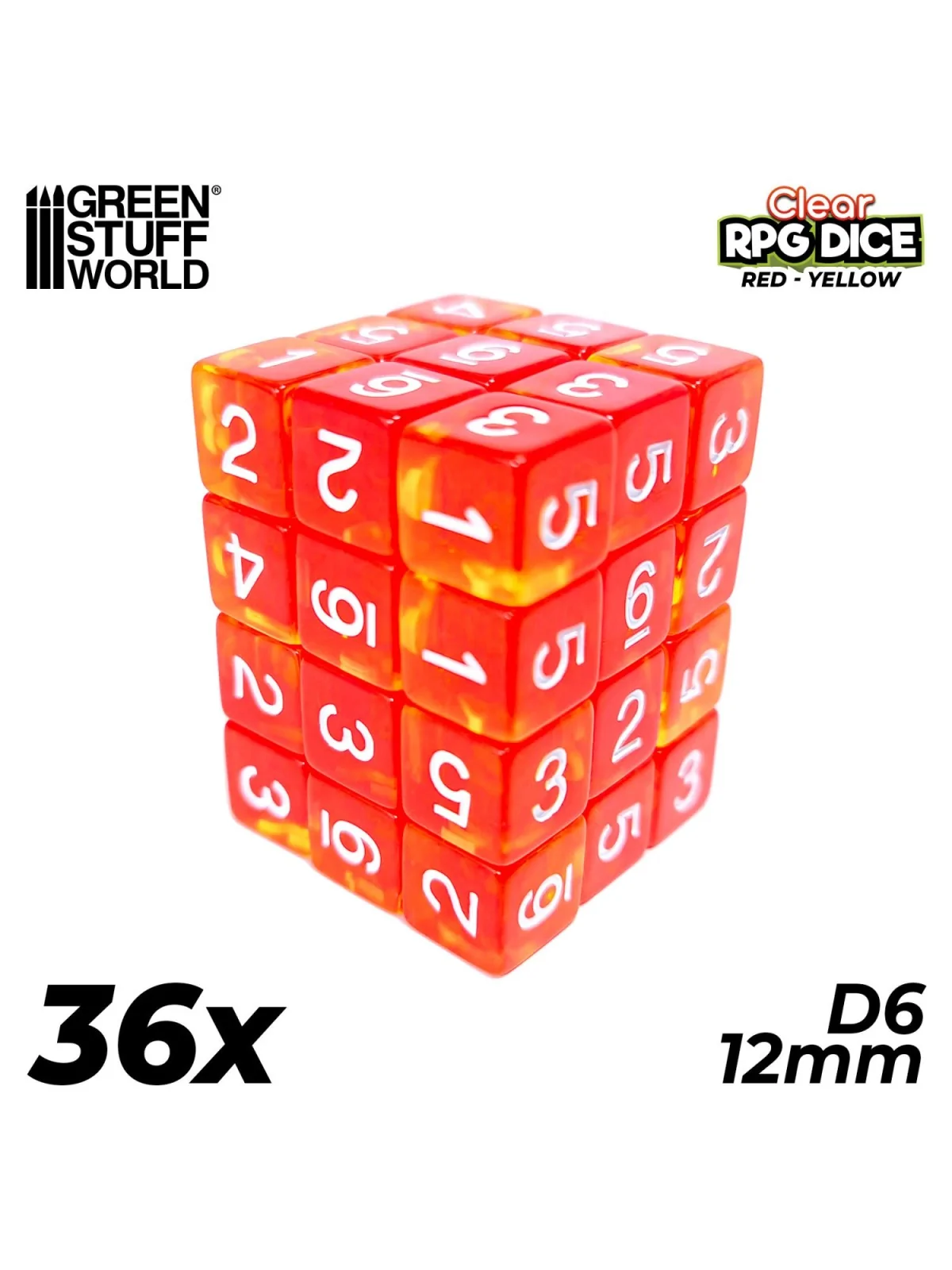 Compra 36 Dados D6 12mm: Rojo/Amarillo Transparente de Green Stuff Wor