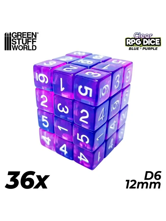 Compra 36 Dados D6 12mm: Azul/Lila Transparente de Green Stuff World a