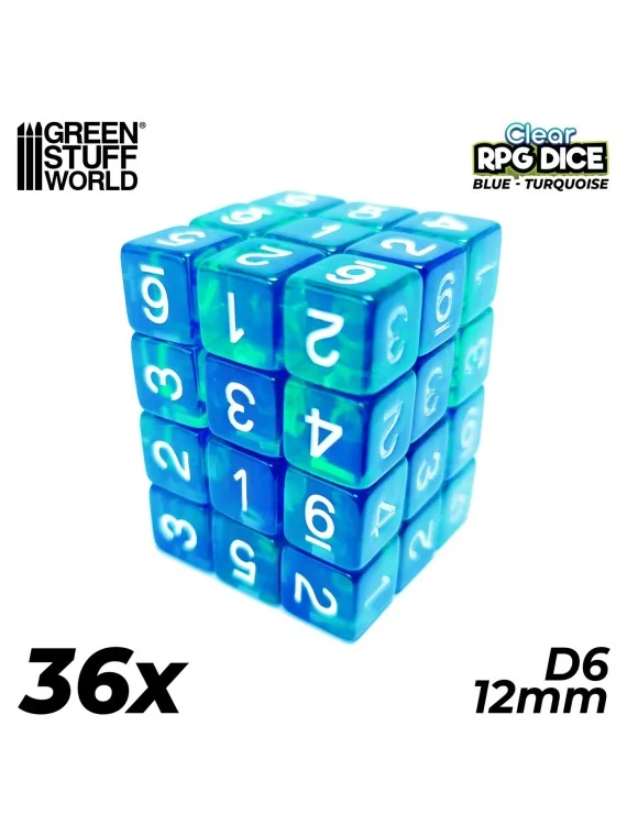 Compra 36 Dados D6 12mm: Azul/Turquesa Transparente de Green Stuff Wor