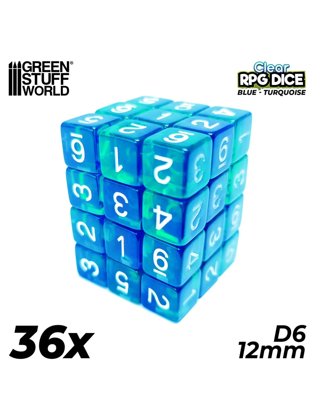 Compra 36 Dados D6 12mm: Azul/Turquesa Transparente de Green Stuff Wor
