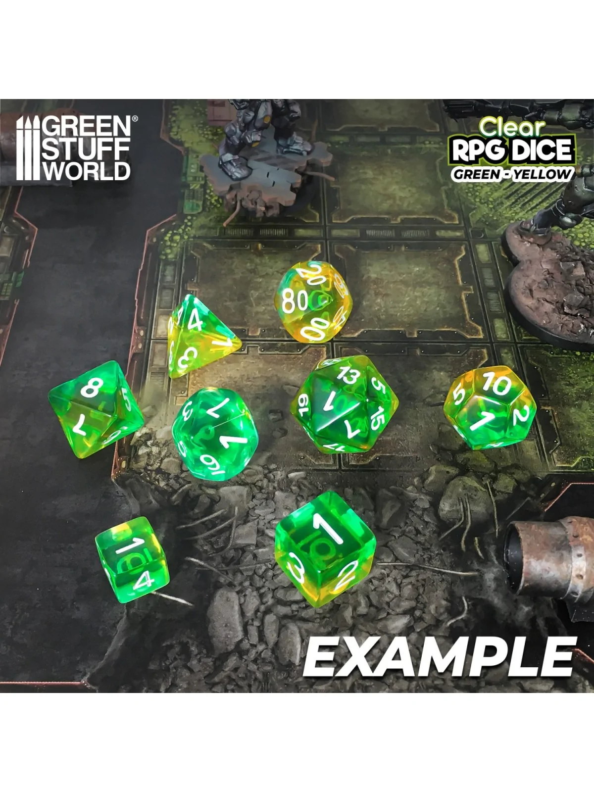 Compra 36 Dados D6 12mm: Verde/Amarillo Transparente de Green Stuff Wo