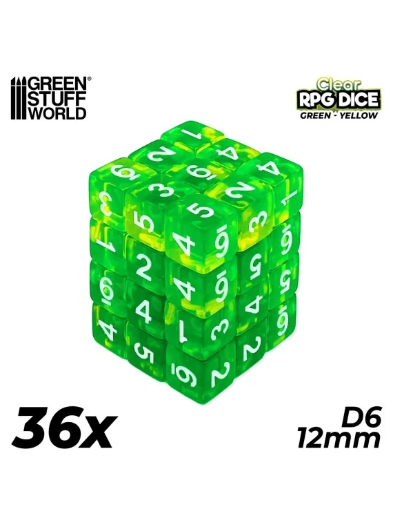 Compra 36 Dados D6 12mm: Verde/Amarillo Transparente de Green Stuff Wo