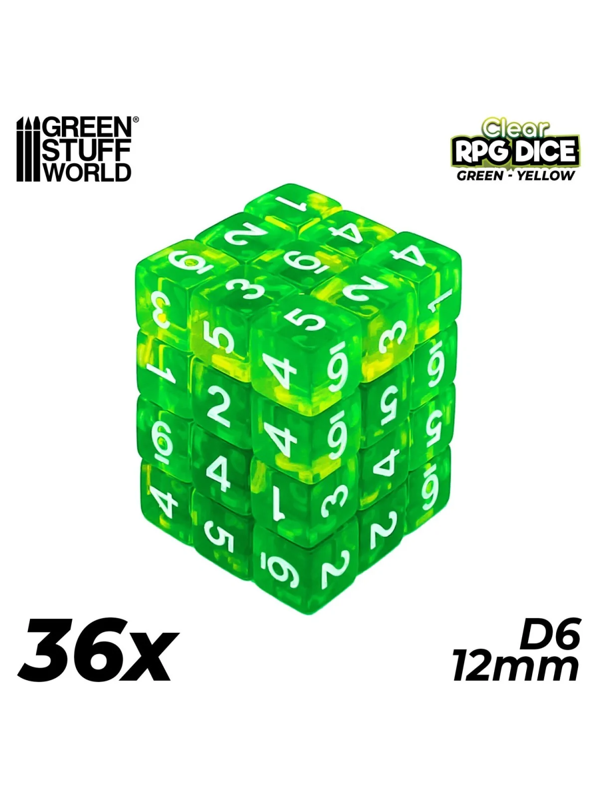 Compra 36 Dados D6 12mm: Verde/Amarillo Transparente de Green Stuff Wo