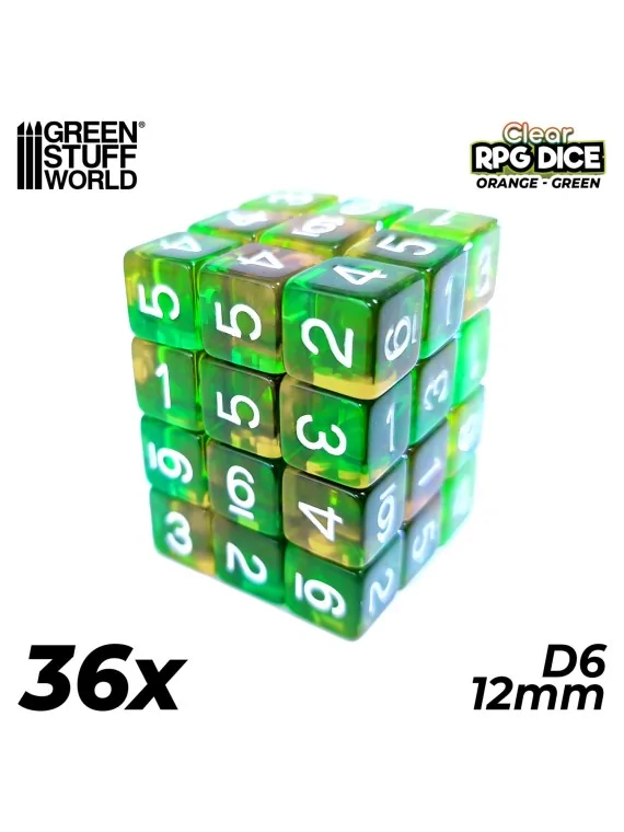 Compra 36 Dados D6 12mm: Naranja/Verde Transparente de Green Stuff Wor