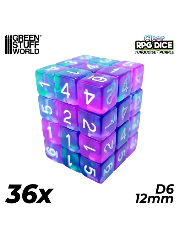 Compra 36 Dados D6 12mm: Turquesa/Lila Transparente de Green Stuff Wor
