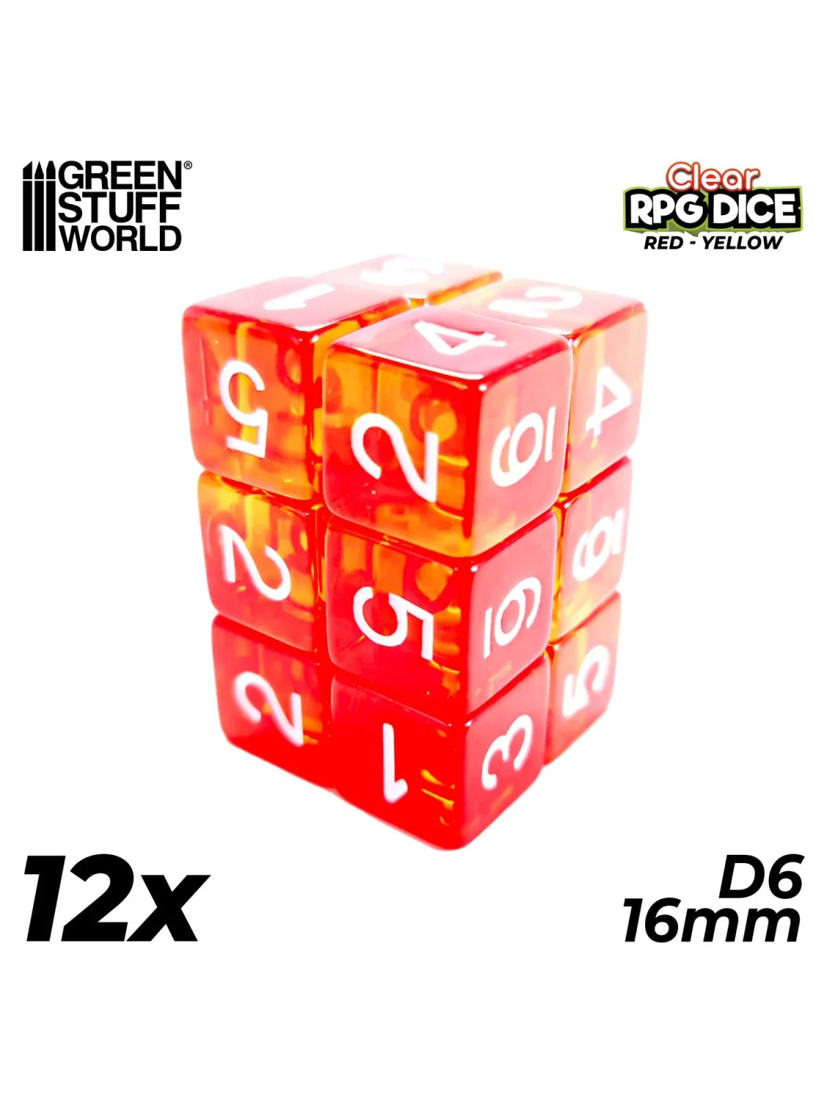 Compra 12 Dados D6 16mm: Rojo/Amarillo Transparente de Green Stuff Wor