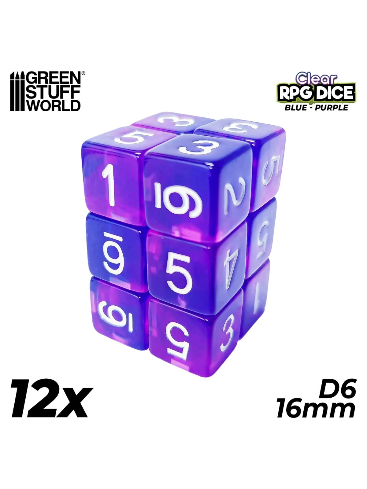 Compra 12 Dados D6 16mm: Azul/Lila Transparente de Green Stuff World a