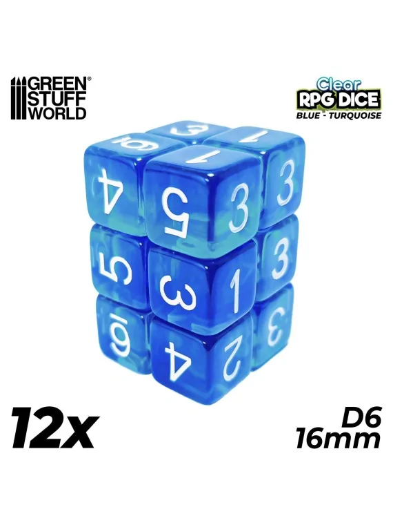 Compra 12 Dados D6 16mm: Azul/Turquesa Transparente de Green Stuff Wor