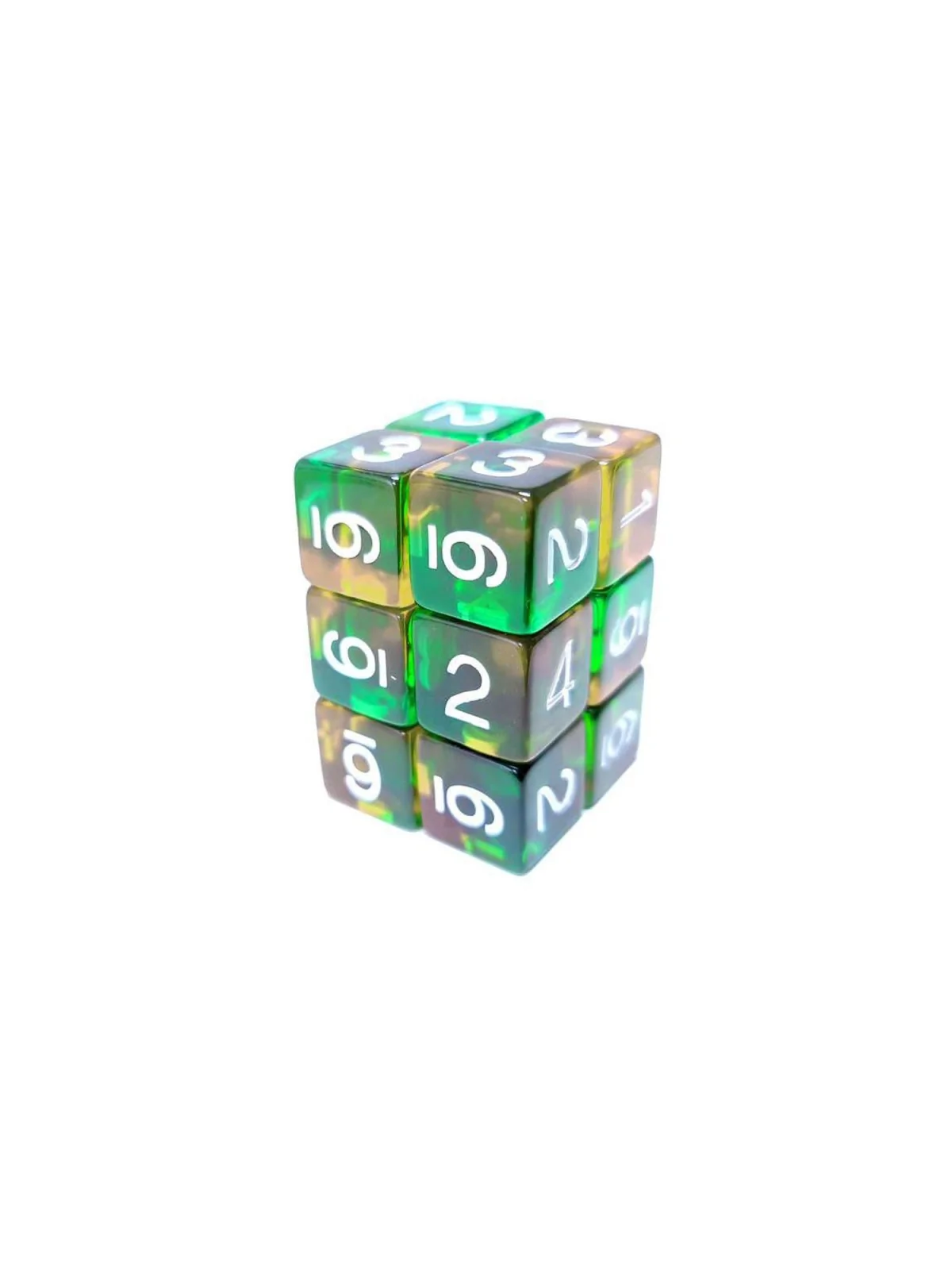 Compra 12 Dados D6 16mm: Naranja/Verde Transparente de Green Stuff Wor