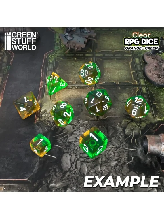 Compra 12 Dados D6 16mm: Naranja/Verde Transparente de Green Stuff Wor