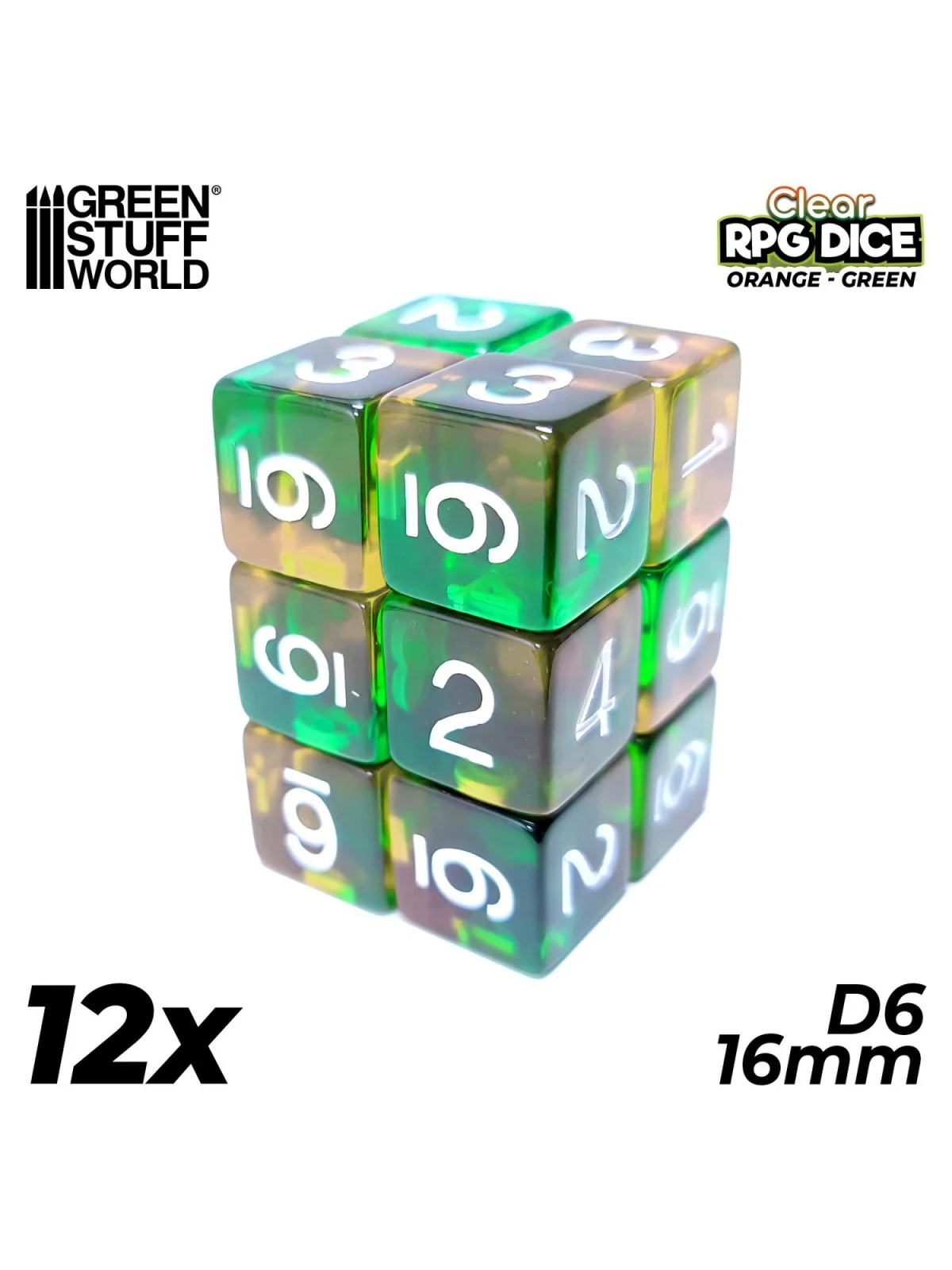 Compra 12 Dados D6 16mm: Naranja/Verde Transparente de Green Stuff Wor