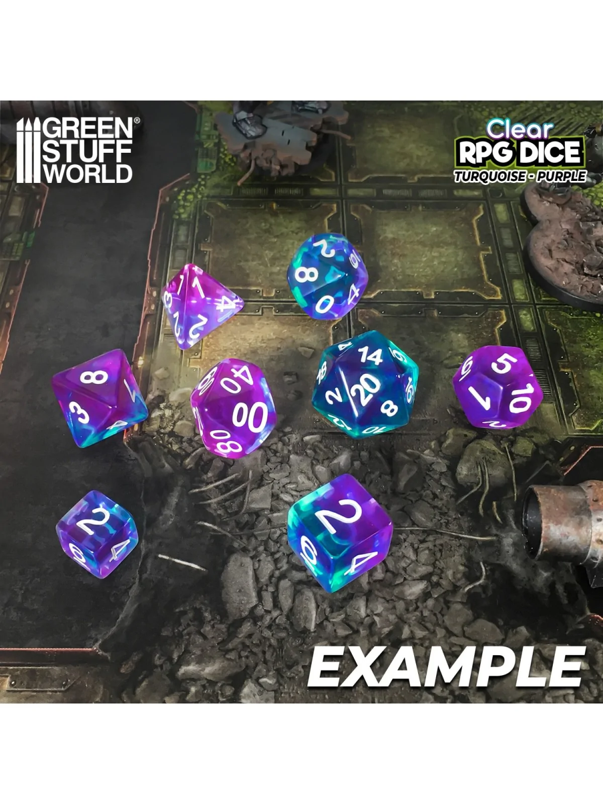Compra 12 Dados D6 16mm: Turquesa/Lila Transparente de Green Stuff Wor