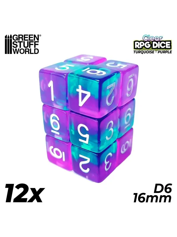 Compra 12 Dados D6 16mm: Turquesa/Lila Transparente de Green Stuff Wor