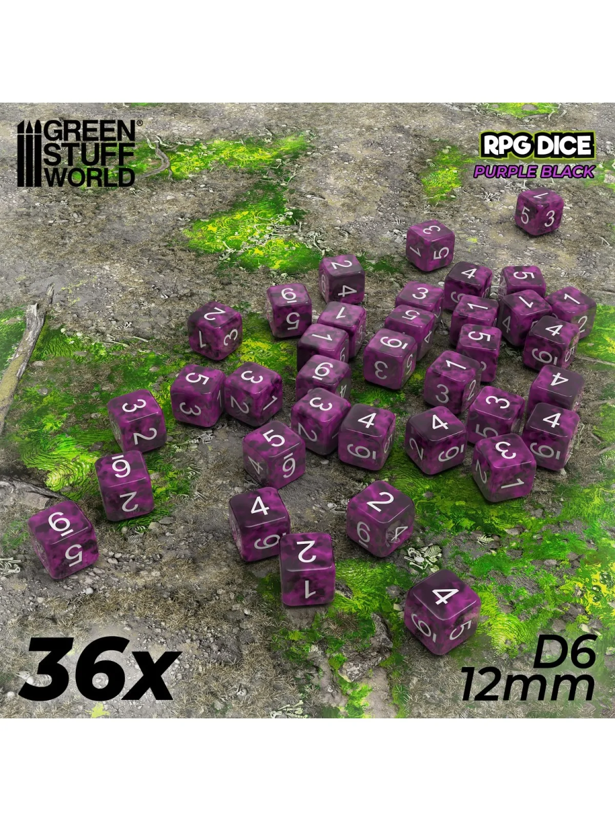 Compra 36 Dados D6 12mm: Violeta Negro de Green Stuff World al mejor p