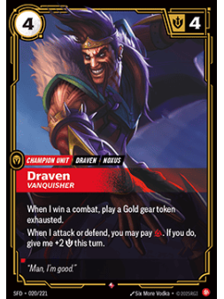 Draven, Vanquisher (V.1 - Rare) de Riftbound en 02 - Spiritforged | La Cueva Roja